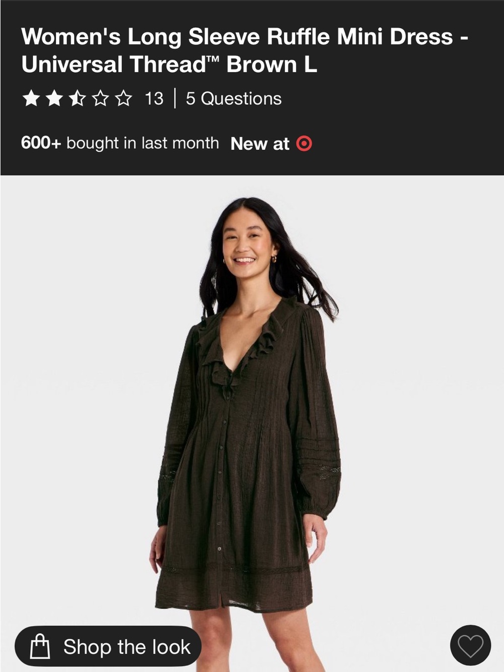 Universal Thread Dark Brown Ruffle V-Neck Mini Dress